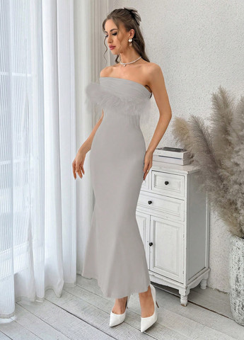 Світло-сіра вечірня сукня годе, на одне плече SHEIN однотонна
