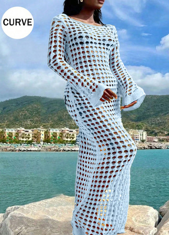 Голубое пляжное платье платье-свитер SHEIN однотонное