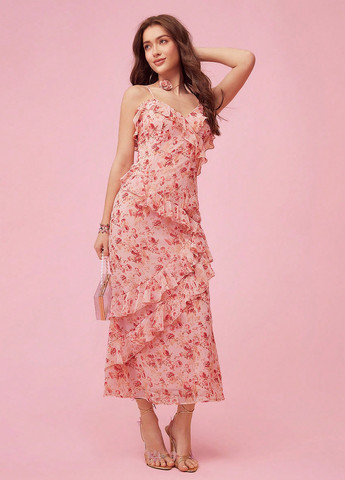 Розовое коктейльное, праздничный, кэжуал платье годе, с открытыми плечами, с открытой спиной SHEIN с цветочным принтом