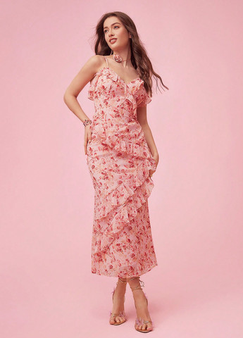 Розовое коктейльное, праздничный, кэжуал платье годе, с открытыми плечами, с открытой спиной SHEIN с цветочным принтом