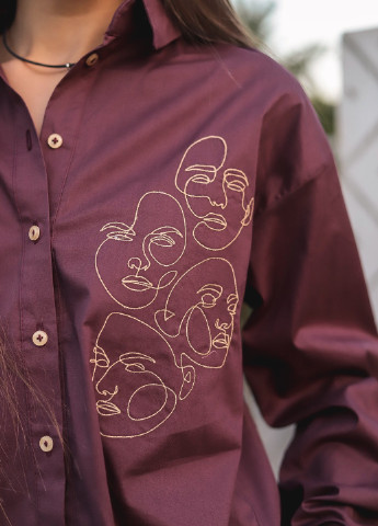 Бордовая демисезонная рубашка классическая с трендовой вышивкой INNOE Блуза с принтом