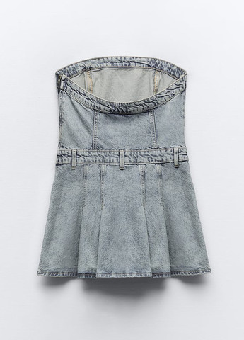 Голубое джинсовое, кэжуал платье с открытыми плечами Zara однотонное