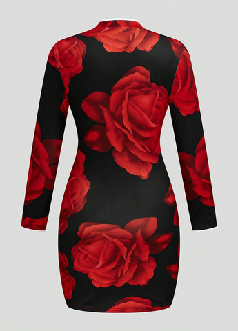 Черное коктейльное, праздничный, вечернее платье а-силуэт, футляр SHEIN розы