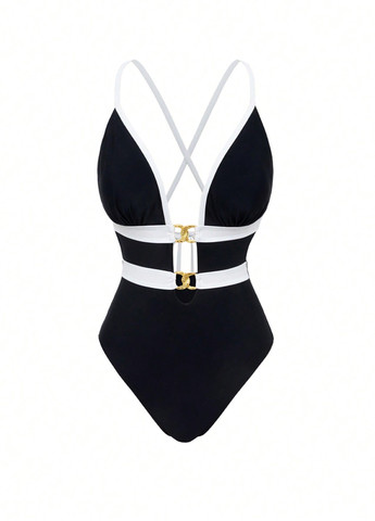 Чорно-білий літній купальник монокіні, суцільний SHEIN