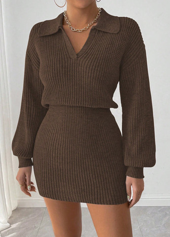 Темно-коричневое кэжуал платье платье-свитер SHEIN однотонное