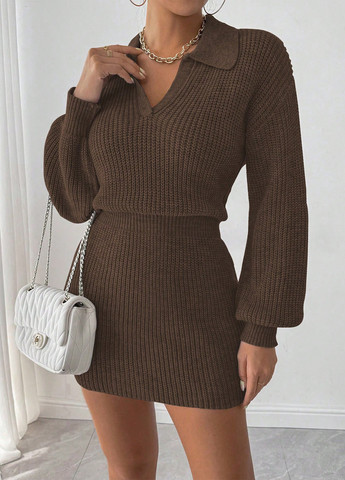 Темно-коричневое кэжуал платье платье-свитер SHEIN однотонное
