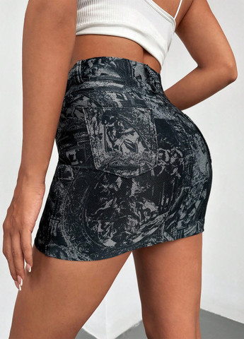 Темно-серая джинсовая с рисунком юбка SHEIN