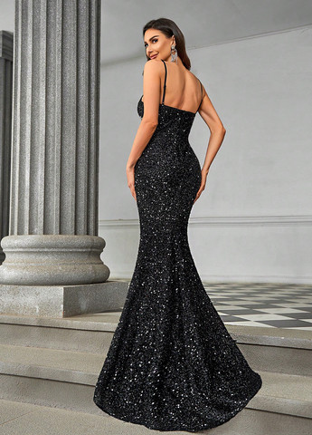 Черное вечернее платье со шлейфом, силуэтная SHEIN однотонное