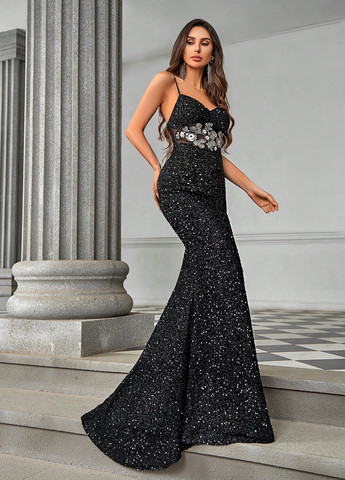 Черное вечернее платье со шлейфом, силуэтная SHEIN однотонное