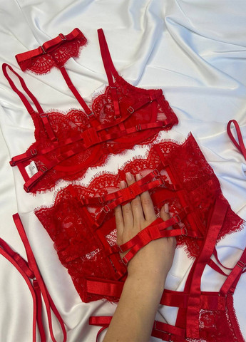 Червоний демісезонний комплект (бюстгальтер, трусики, чокер, пояс для панчох, гартери) NOVA VEGA