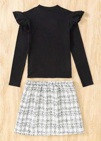 Черно-белый демисезонный костюм (лонгслив, юбка) юбочный SHEIN