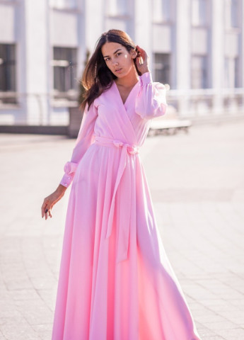Світло-рожева вечірня сукня а-силует, з спідницею-сонце, на запах FashionYouWant однотонна