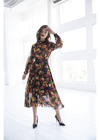 Комбинированное коктейльное платье стефани клеш BYURSE с цветочным принтом