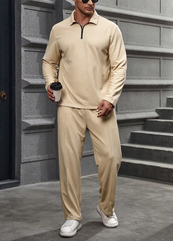 Светло-бежевый демисезонный костюм (лонгслив, брюки) брючный SHEIN