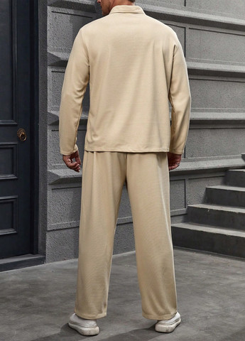 Светло-бежевый демисезонный костюм (лонгслив, брюки) брючный SHEIN