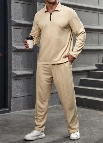 Светло-бежевый демисезонный костюм (лонгслив, брюки) брючный SHEIN