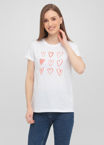 Біла літня жіноча футболка, біла базова червоні серця KASTA design