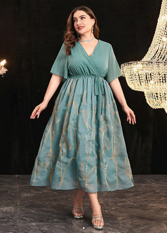 Сіро-зелена кежуал, вечірня сукня з пишною спідницею, на запах SHEIN однотонна