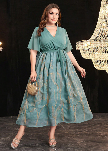 Сіро-зелена кежуал, вечірня сукня з пишною спідницею, на запах SHEIN однотонна