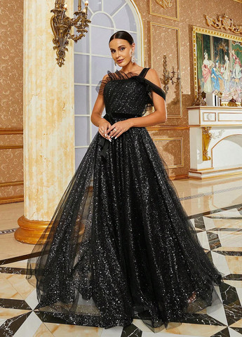 Черное праздничный платье на одно плечо SHEIN однотонное