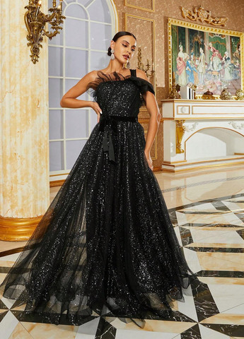 Черное праздничный платье на одно плечо SHEIN однотонное