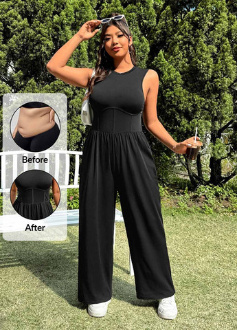 Комбинезон SHEIN комбинезон-брюки однотонный чёрный кэжуал полиэстер, трикотаж