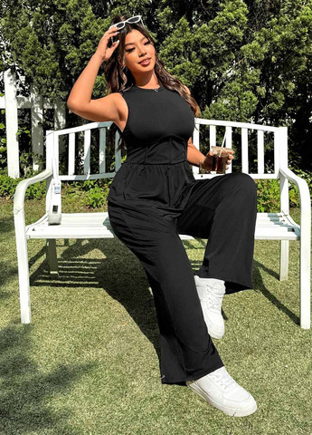 Комбинезон SHEIN комбинезон-брюки однотонный чёрный кэжуал полиэстер, трикотаж
