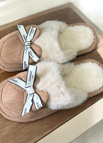 Коричневые тапочки Scarlett с мехом, с бантом