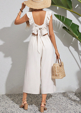 Комбинезон SHEIN комбинезон-брюки однотонный светло-бежевый кэжуал лен, вискоза