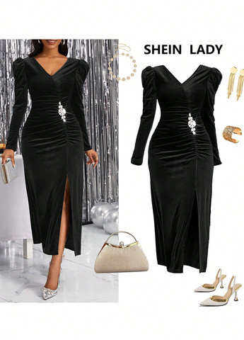 Черное вечернее платье силуэтная SHEIN однотонное