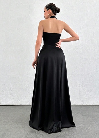 Черное вечернее платье клеш, а-силуэт, с открытой спиной SHEIN однотонное