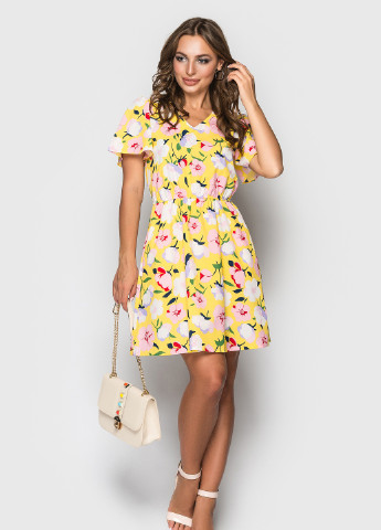 Жовтий кежуал сукня дзвін, з спідницею-сонце BeART з квітковим принтом