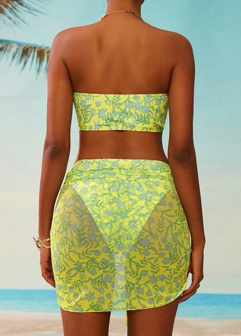 Желтый демисезонный купальник (лиф, трусики, юбка) бандо, раздельный SHEIN