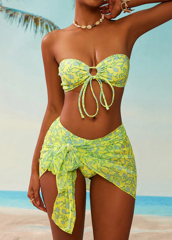 Желтый демисезонный купальник (лиф, трусики, юбка) бандо, раздельный SHEIN