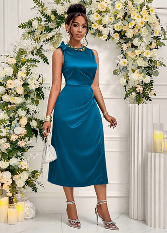 Морської хвилі святковий, вечірня, кежуал сукня на запах, а-силует SHEIN однотонна