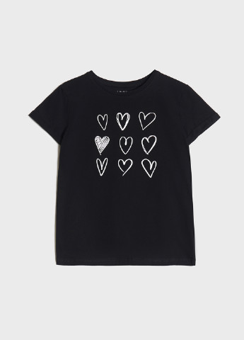 Черная летняя футболка базовая, белые сердечки KASTA design