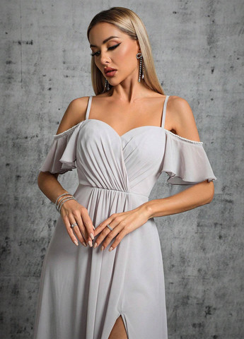 Серое вечернее платье с открытой спиной, с открытыми плечами SHEIN однотонное