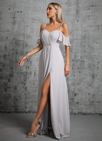 Серое вечернее платье с открытой спиной, с открытыми плечами SHEIN однотонное