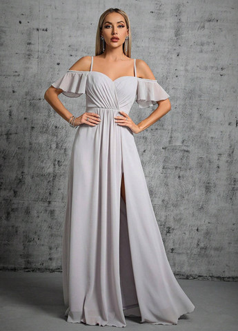 Серое вечернее платье с открытой спиной, с открытыми плечами SHEIN однотонное