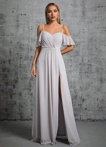 Серое вечернее платье с открытой спиной, с открытыми плечами SHEIN однотонное