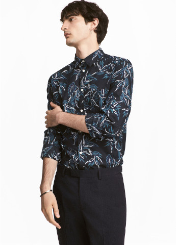 Синяя кэжуал рубашка с абстрактным узором H&M с длинным рукавом