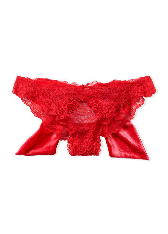 Трусики Victoria's Secret с вырезом однотонные красные откровенные кружево, полиамид