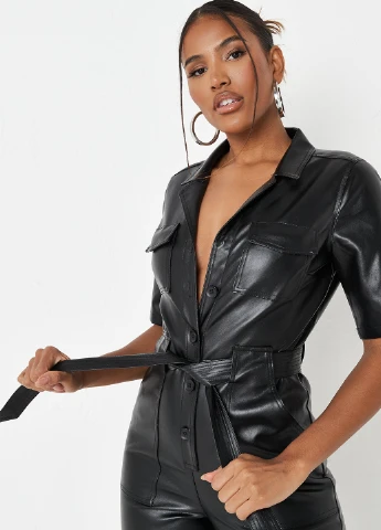 Комбінезон Missguided комбінезон-брюки однотонний чорний кежуал поліуретан, штучна шкіра