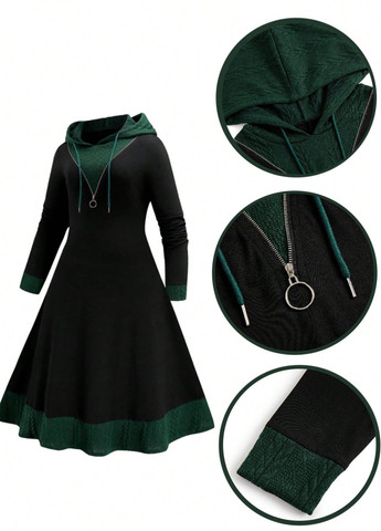 Темно-зеленое кэжуал платье а-силуэт, платье-худи SHEIN однотонное