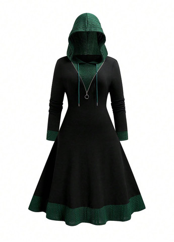 Темно-зеленое кэжуал платье а-силуэт, платье-худи SHEIN однотонное