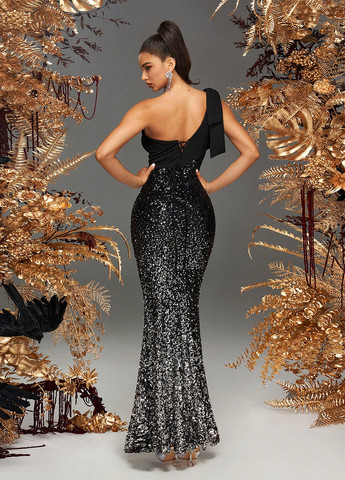 Черное вечернее платье годе, на одно плечо SHEIN градиентное ("омбре")