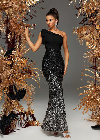 Черное вечернее платье годе, на одно плечо SHEIN градиентное ("омбре")