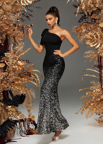 Черное вечернее платье годе, на одно плечо SHEIN градиентное ("омбре")