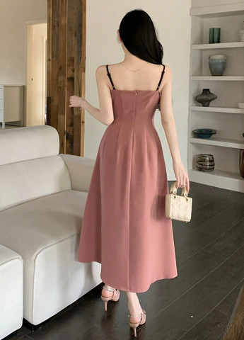 Темно-розовое кэжуал платье с открытыми плечами, а-силуэт SHEIN однотонное