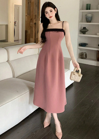 Темно-розовое кэжуал платье с открытыми плечами, а-силуэт SHEIN однотонное